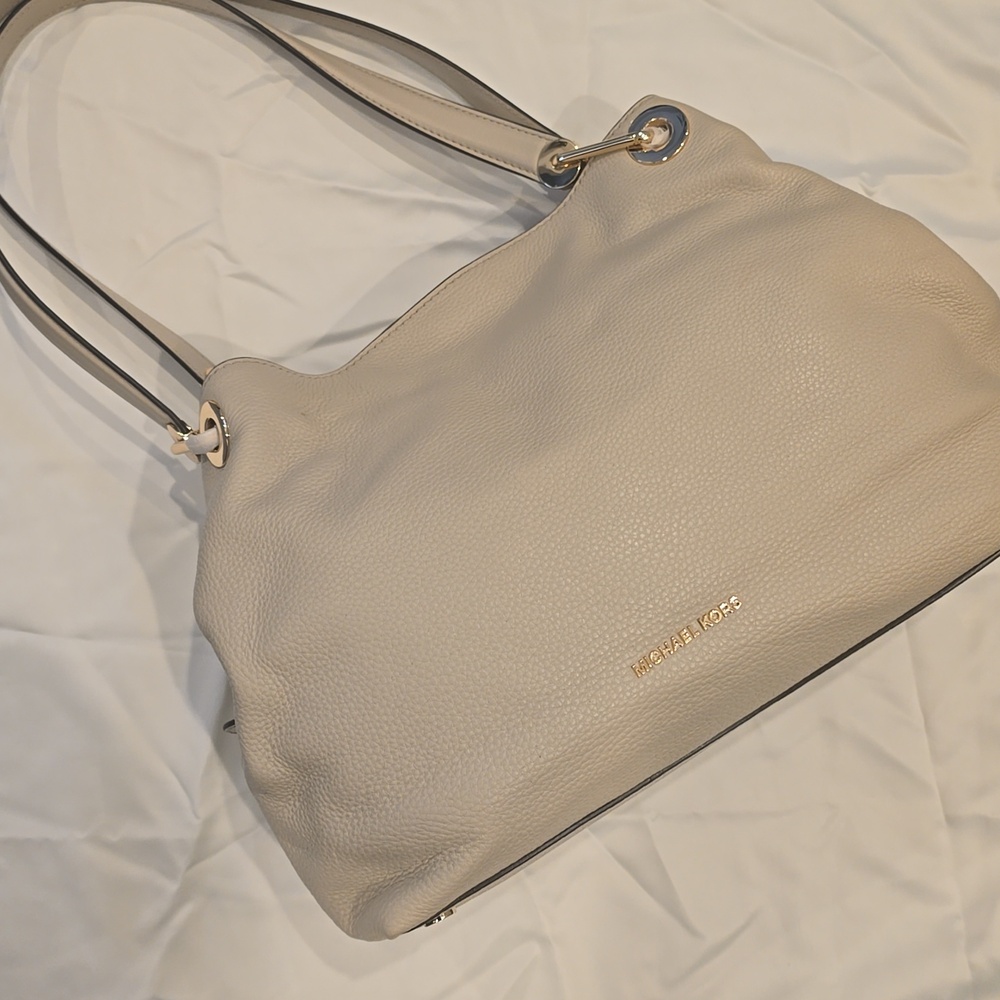 Michael Kors Cream Leather Shoulder Tote with Gold Hardware